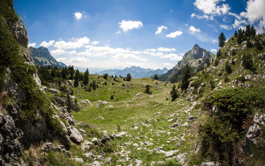 Beautiful view of mountain scenery, blooming meadows and mountain peaks