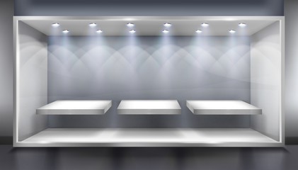 Wall Mural - Shelves for store display. Empty place for exhibition in a shop illuminated by the spotlights. Vector illustration.