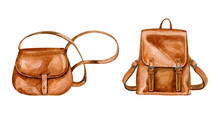 Watercolor Hand Drawn Illustration Of Brown Leather Bag