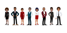 Group Of African Or American Business People Cartoon Character. African Or American Businessman And Businesswoman In Office Style Smart Suit And Casual. Vector Illustration