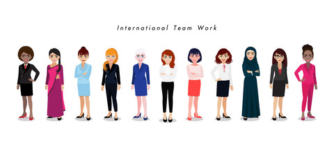 Wall Mural - Group of International businesswomen on white background. Set of business people standing together. Different nationalities and dress styles. Cartoon character or flat design vector