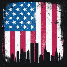 NYC New York City September 11 9/11 Skyline Twin Towers Silhouette With American Flag Background Grunge Distress Border Background Stars And Stripes