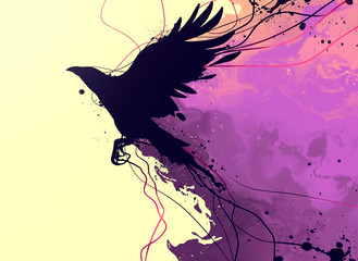Wall Mural - drawing of a raven with elements of abstraction and splashes