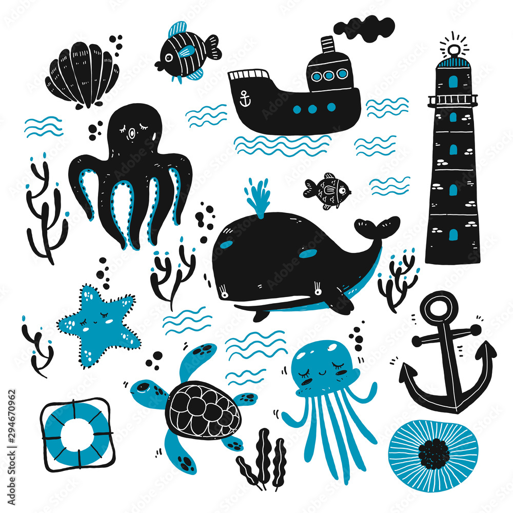 Set of sea creatures and marine sketches. Hand drawn vector ...