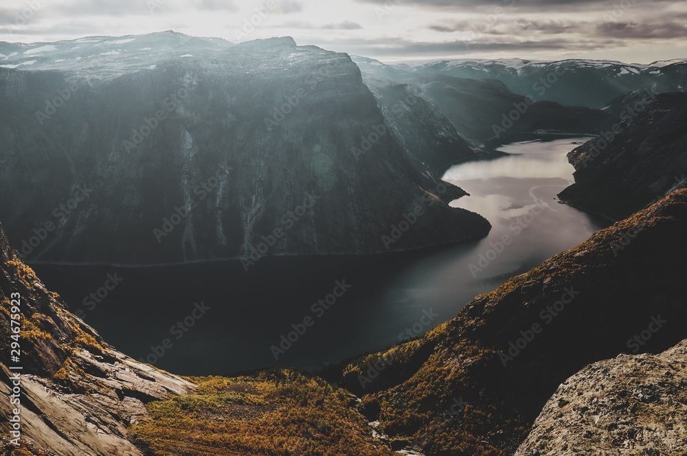 Breathtaking views of Norwegian national park, river and fjords at bright day. - obrazy, fototapety, plakaty 
