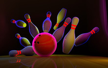 Bowling Lane With Ball And Pins In Neon Light.
