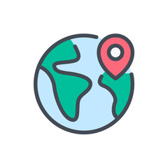 Poster - location color line icon. planet earth with location marker vector outline colorful sign.