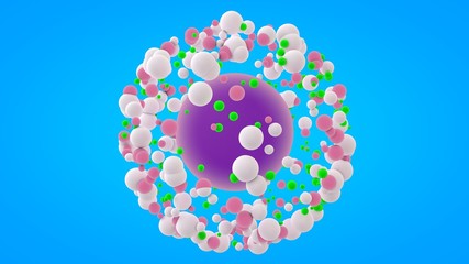 Poster - 3D rendering of many balls, small spheres around a large ball. Abstract design, futuristic molecule background, round objects, on blue background. The image for screen saver on your desktop