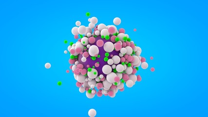 Poster - 3D rendering of many balls, small spheres around a large ball. Abstract design, futuristic molecule background, round objects, on blue background. The image for screen saver on your desktop