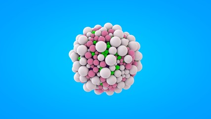 Poster - 3D rendering of many balls, small spheres around a large ball. Abstract design, futuristic molecule background, round objects, on blue background. The image for screen saver on your desktop