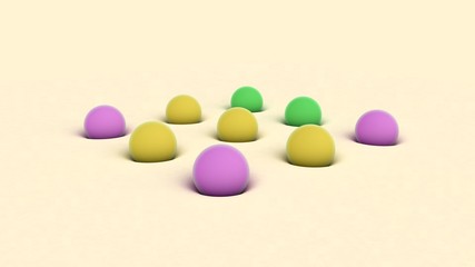 Poster - 3D rendering of colored balls of different sizes on beige surface. The balls are immersed in a soft surface. Abstract background, futuristic design, desktop image, abstract compositions.