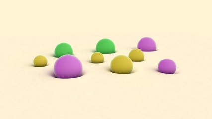 Poster - 3D rendering of colored balls of different sizes on beige surface. The balls are immersed in a soft surface. Abstract background, futuristic design, desktop image, abstract compositions.