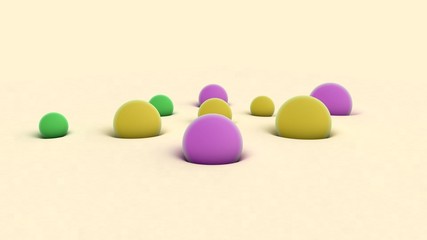 Poster - 3D rendering of colored balls of different sizes on beige surface. The balls are immersed in a soft surface. Abstract background, futuristic design, desktop image, abstract compositions.