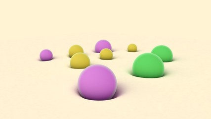 Poster - 3D rendering of colored balls of different sizes on beige surface. The balls are immersed in a soft surface. Abstract background, futuristic design, desktop image, abstract compositions.