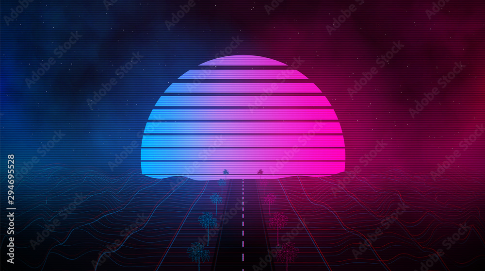 Retrowave laser grid landscape, sunset with outrun road and polygonal palms in blue pink colors with glowings and fog. Eps 10 - obrazy, fototapety, plakaty 