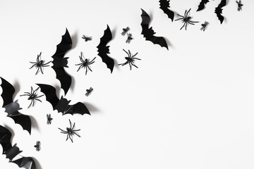 Halloween decorations concept. Halloween with spiders, black bats on white background. Flat lay, top view, copy space