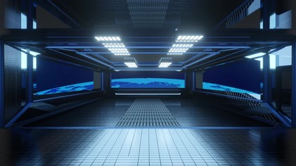 3d animation of a interior of a space ship or space station with planet earth in the background. ele