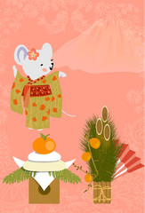  The Little Rats with Chinese scroll 2020 and with gold and orange. Chinese New Year. Gong Xi Fa Cai. The year of rat. Vector illustration for red envelope, card
