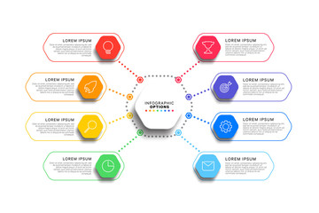 8 steps infographic template with realistic hexagonal elements on white background. business process diagram. company presentation slide template. modern vector info graphic layout design. eps 10