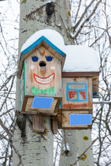 Smiley birdhouses. Birdhouse in the form of a funny face on the tree. Handmade wooden nesting box covered in snow. Winter landscape with trees covered of the snow and copy space.