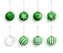 Green Christmas Balls Set Isolated On White. Stocking Christmas Decorations. Green Christmas Ball With Snow Effect Set. Vector Illustration