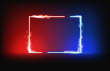 Neon Blue And Red Square Frame With Smoke And Fire