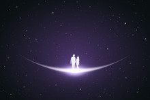 Two Lovers Walk In Space. Vector Conceptual Illustration With White Silhouette Of Loving Couple. Violet Abstract Background With Stars And Glowing Outline