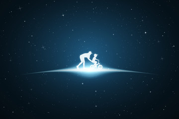Poster - Woman teaching boy to ride bike in space. Vector conceptual illustration with white silhouette of mother with child on bicycle. Bue abstract background with stars and glowing outline