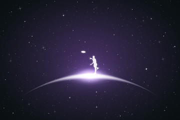 Poster - Playing frisbee in space. Vector conceptual illustration with white silhouette of man with flying plate. Violet abstract background with stars and glowing outline