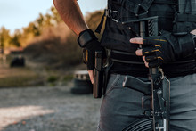 Close-up Image Of A Heavily Armed Man, Copy Space.