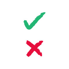 Checkmark icons doodles. Green tick and red x. 