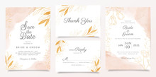 Watercolor Creamy Wedding Invitation Card Template Set With Golden Floral Decoration. Abstract Background Save The Date, Invitation, Greeting Card, Multi-purpose Vector