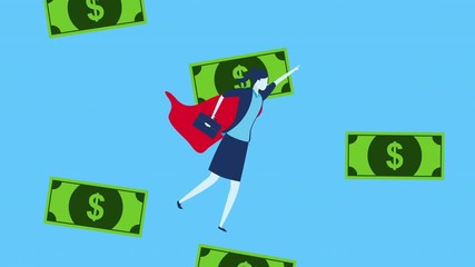 Canvas Print - businesswoman worker hero flying with dollars bills