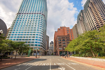 Boston, MA, USA-20 July, 2019: Boston downtown financial district and city skyline