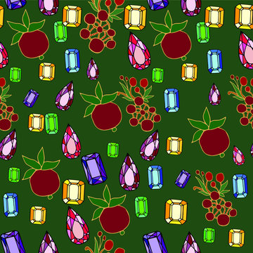 Seamless pattern made of precious gems and brooches. Vector doodle illustration, bright colors. Endless texture for your design, romantic greeting cards, announcements, fabrics.