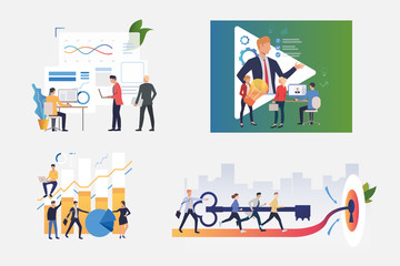 Working on project illustration set. People discussing, new ideas, constructing graphs, opening door together. Business concept. Vector illustration for banners, layouts, website design