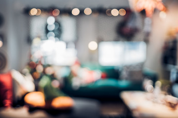 Fototapete - abstract blurred Christmas tree decoration with light at living room in house with bokeh background,winter holiday season celebration festival