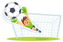 Goalkeeper Catches The Ball. Kids Sports. Vector Illustration.