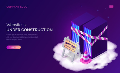Website under construction, maintenance work or error page isometric concept vector illustration. Server racks with warning signal tape, traffic cone and road traffic sign on cloud, purple web banner