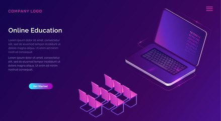Poster - Online education or training isometric concept vector illustration. Open laptop screen and seats icons on purple banner, landing web site page for distance educational courses