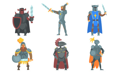 Wall Mural - Medieval Knights with Swords Set, Ancient Warriors Characters in Armour Vector Illustration