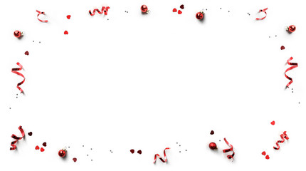 Wall Mural - Creative frame made of red Christmas decoration, sparkles and confetti on white paper background. Xmas and New Year greeting card, winter holiday. Flat lay, top view