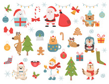 Winter Holidays Symbols And Animals Vector Illustrations Set