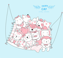 The Cute Baby Animal Relax And Happy To Everyday. Cartoon Sketch Animal Style