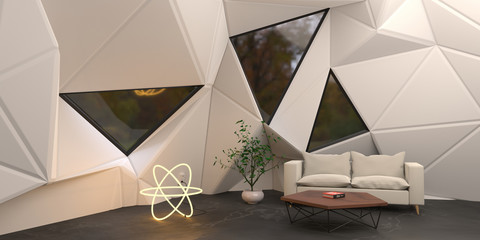Poster - Futuristic room with geometric elements, white sofa, coffee table and whimsical lamp. 3D render / rendering