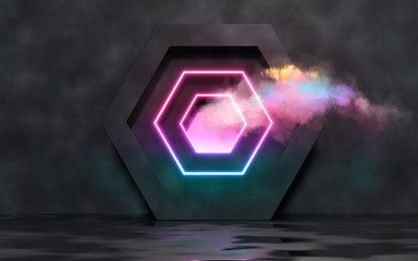 Poster - Futuristic black room with hexagon, lights and clouds. 3D render/ rendering.