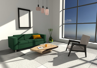 Poster - 3d Rendering of modern interior with green sofa and a big window lit by sunlight. 