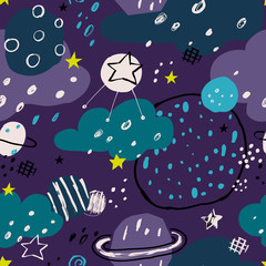  Ładny kosmos elementy wzór. Ilustracja doodle miejsca. Wzór z kreskówek planet i gwiazd. Ilustracja wektorowa na papier pakowy, tekstylia, tekstury powierzchni, dziecinny design.