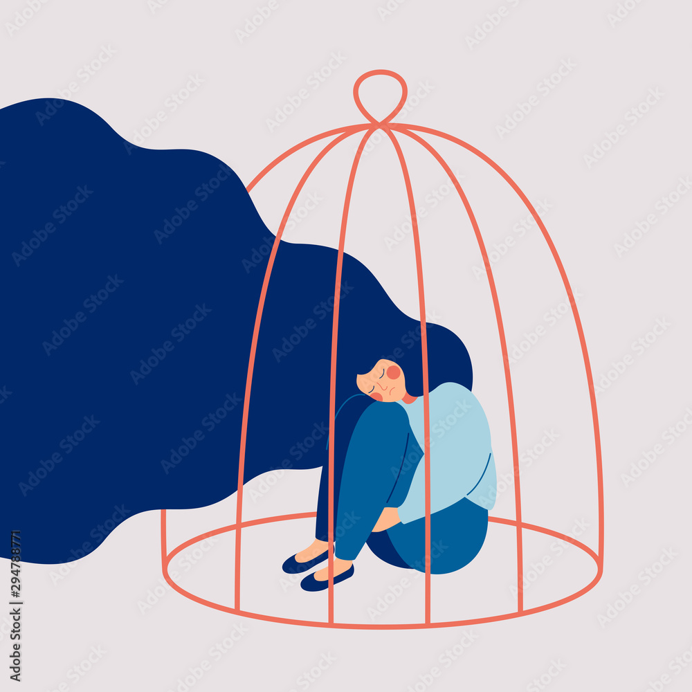 Young sad woman locked in a cage. Concepts of restrictions on the ability of women in society. Human character illustration - obrazy, fototapety, plakaty 