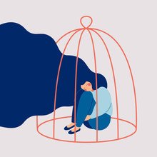 Young Sad Woman Locked In A Cage. Concepts Of Restrictions On The Ability Of Women In Society. Human Character Illustration